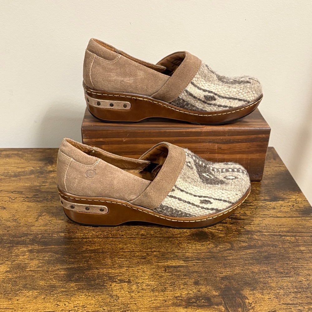Born Taupe Suede & Cream Patterned Knit Clogs